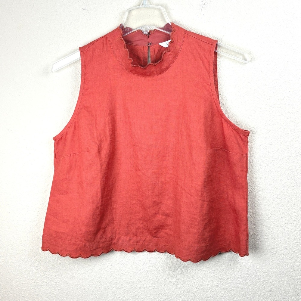 Garnet Hill Womens Large Coral Linen Flax Mock Neck Scallop Hem Sleeveless Top